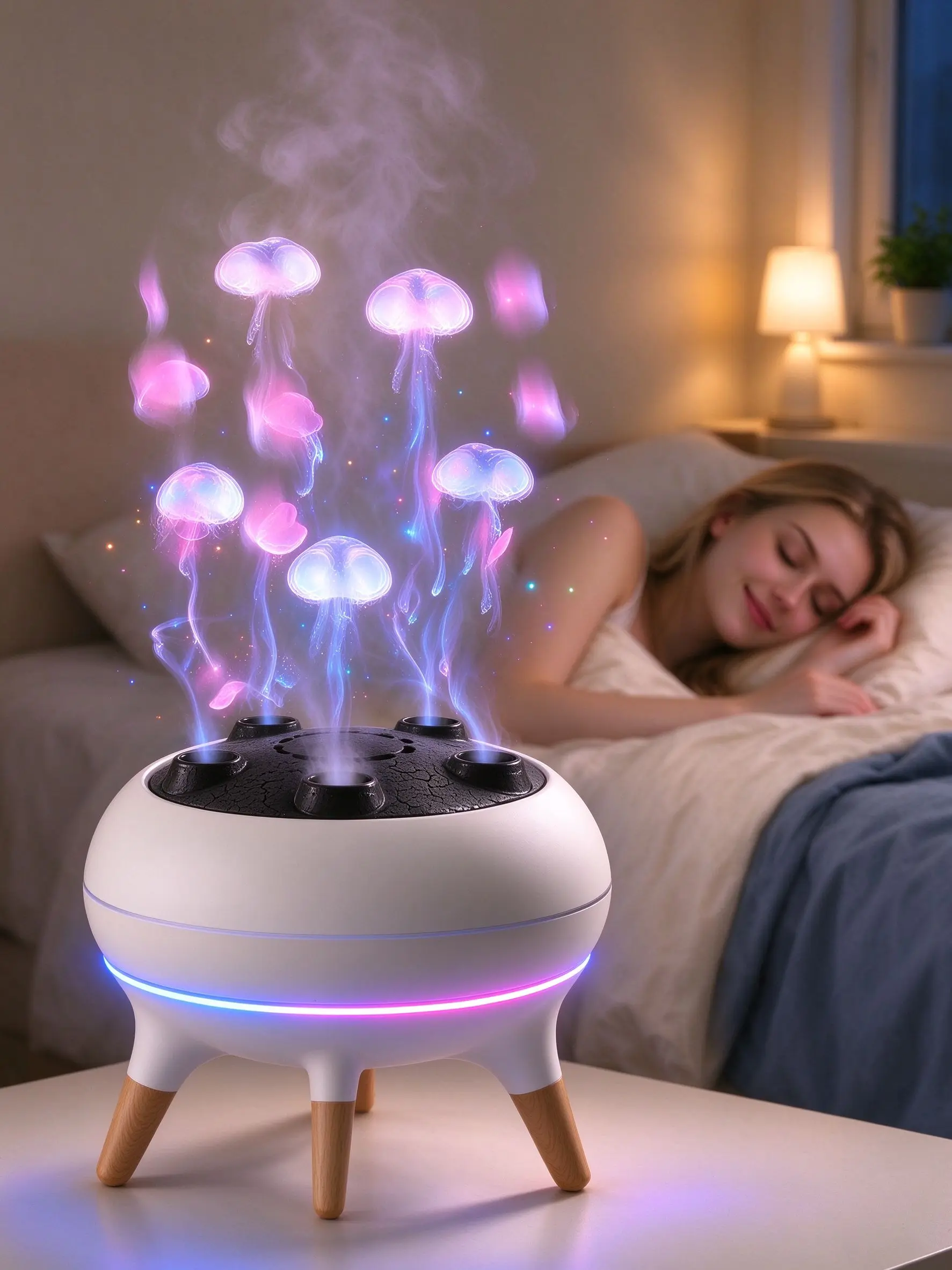 Ultra-Quiet 5-Outlet Humidifier with 4H/8H Timer, 2-in-1 Essential Oil Diffuser, Volcanic Rock Decor for Bedroom Deep Sleep colorful indoor