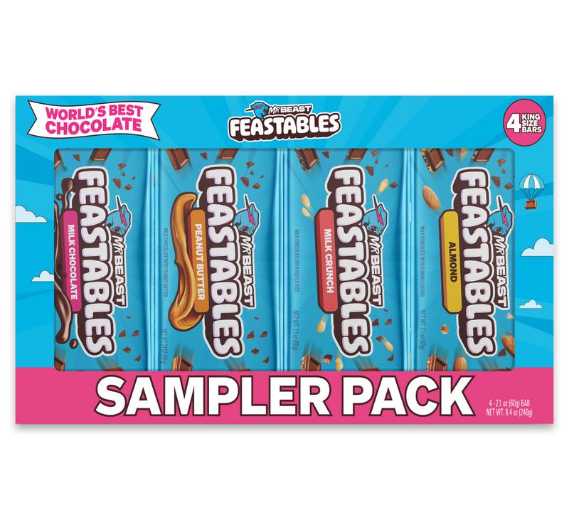 Feastables by MrBeast Sampler Pack King Size Chocolate Bars - for Adults & Kids, Chocolate, Candy, Cocoa Sweet & Crunchy Snack, Fairtrade Certified, Kosher, Perfect for Gifting or Snacking