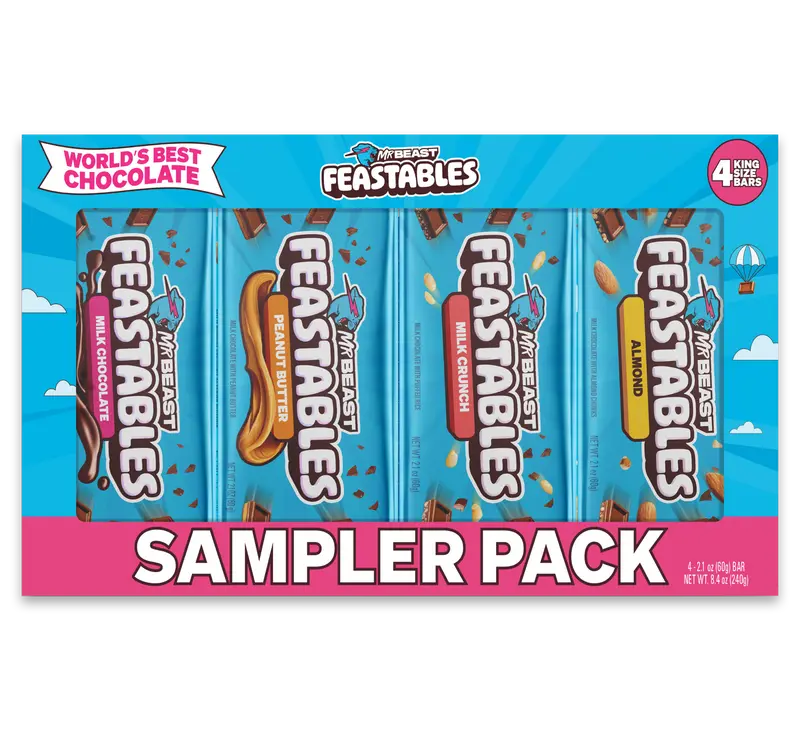 Feastables by MrBeast Sampler Pack King Size Chocolate Bars - for Adults & Kids, Chocolate, Candy, Cocoa Sweet & Crunchy Snack, Fairtrade Certified, Kosher, Perfect for Gifting or Snacking