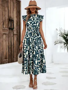 A women's fashionable printed ruffled puff sleeve stand collar tie-up fairy dress, Casual Bohemian Dress, Boho, suitable for summer, beach vacations, dates, gatherings, and other casual occasions.