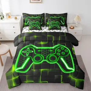 Gamer Twin Comforter Set with Sheets,7 Piece Green and Black Bedding Set,Boys Teens Decor Gaming Ombre Bed in a Bag Geometric Square Bed Set