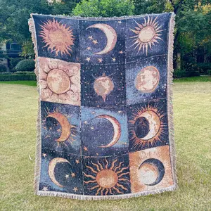 sun and moon pattern Bohemian-style jacquard tassel blanket-Yarn Thick Breathable with Tassels for Home Decor Sheet Living Shawl Tapestry Yoga Couch Sofa Chair Tablecloth Garden Office Travel Outdoor Camping Picnic Not Printed No Faded No Pilling