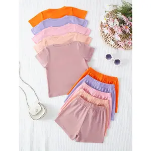 Baby Girls' Soft Comfortable Knitted Fabric Solid Color Short Sleeve Top Shorts Set, 10 Pieces, Casual Summer, Baby Clothing