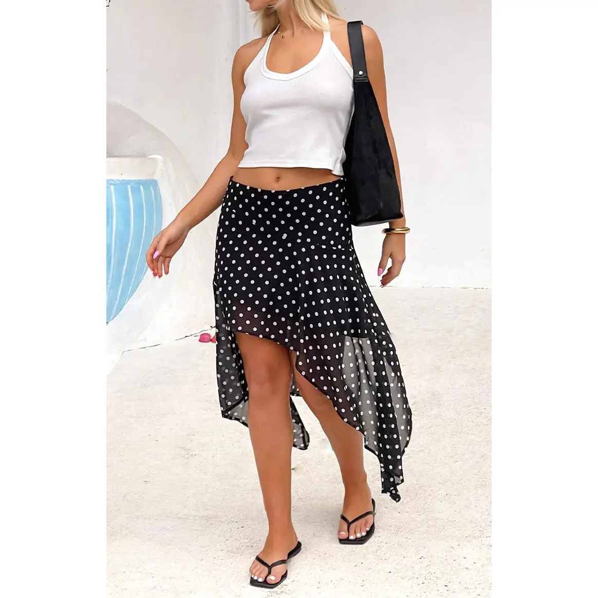 Khalea Black Polka Dot Hanky Hem Midi Skirt