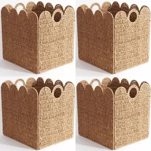 Scalloped Wicker Storage Cubes Basket, 12"x12" Heavy Duty Paper rope/Hyacinth/Seagrass Baskets for Shelves, Foldable Natural Boho Square Bins (Renewable Paper Rope, 4PC)