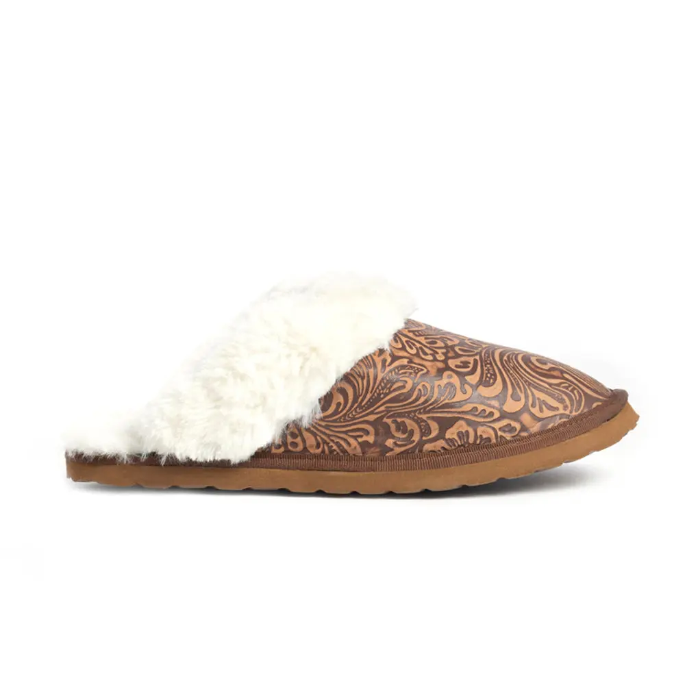 Women's Western Genuine Leather Sandals, Hand-Tooled Embossed Round Toe Slip-Ons with Fleece Lining, EVA Cushioning, and Cork Sole, Footwear, Eva Foam Cushioning, Hand-Tooled Leather, Low Heel, Plush, Flat Heel (1 Cm Or Less), Soft, Chocolate, Slip On