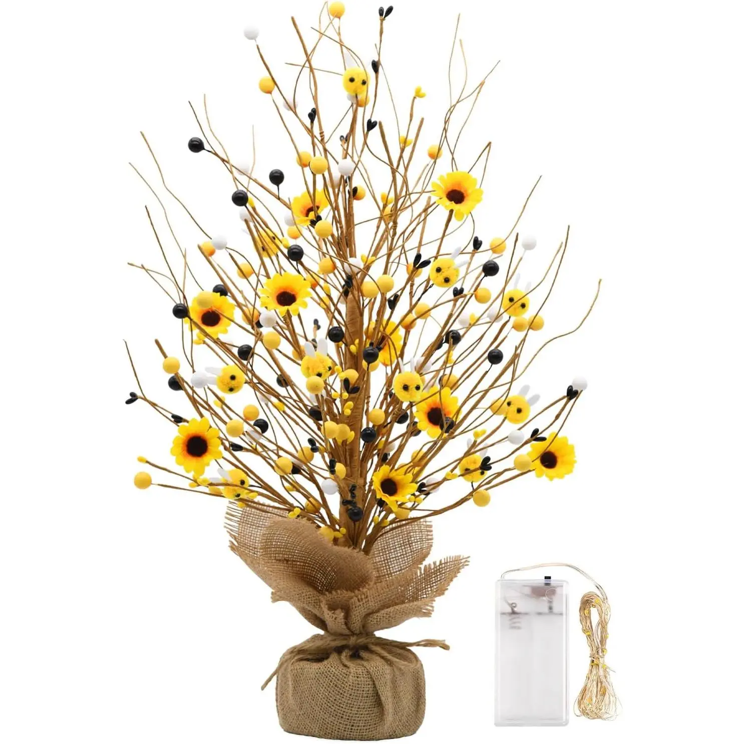 nuvagiki Lighted Sunflower Bee Tabletop Tree Decor, 20 Inch Artificial Bumble Bee Tree with LED Lights, Rustic Farmhouse Spring Summer Decorations for Home Kitchen Table Centerpiece