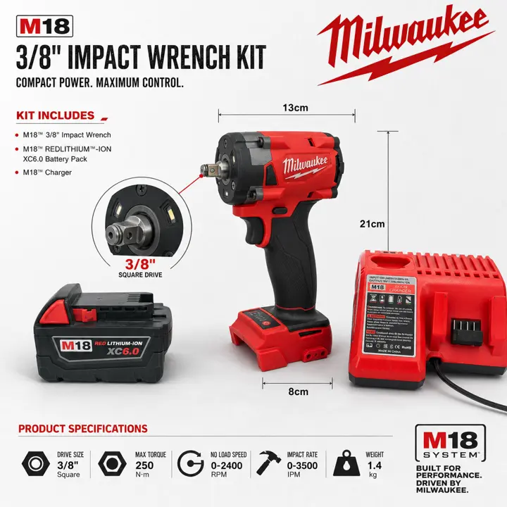 Milwaukee M18 3/8" Cordless Impact Wrench Kit – 300Nm Torque, Brushless Motor, 2800RPM/3200IPM, Includes XC6.0 Battery + Charger, Ideal for Industrial Maintenance & Construction Bolting,ratchet,,electric,variable,speed,trigger,profession,hea,compact,tools