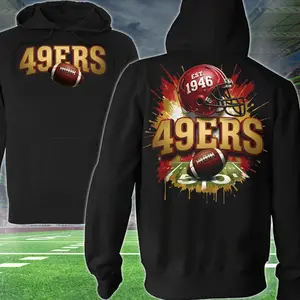 49ERS Football 2 Sided Hoodie, Football Player Sweatshirt, Sports Apparel, Red Helmet Pullover Classic T-shirt, Graphic Printed Streetwear Top, 100% Cotton, Gift For Fans