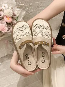 Women's Crochet Lace Mule Slippers, Breathable Summer Closed Toe Flat Slides, Comfortable Backless Casual Shoes for Daily Wear, Slip on mules