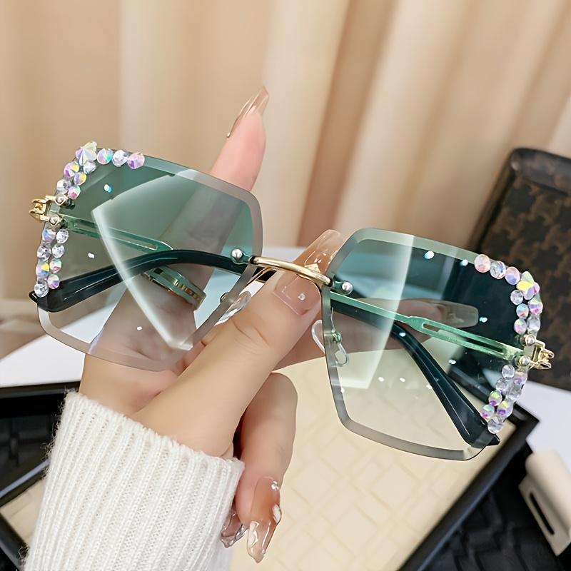 Frameless Gradient Fashion Glasses for Women Pink-Plated Metal Accents Square Lenses Lightweight Eyewear for Casual Outings and Photo Shoots Oversized Aviator Nighttime Yellow Tint Trendy Rectangle Sunglasses Cute Women's Cat Eye Sunglasses