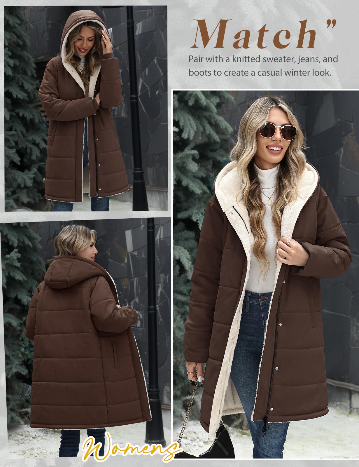 UMIPUBO Women's Long-Sleeve Casual Fit Faux Sherpa Lined Hooded Puffer Parka, Warm Quilted Full-Zip Everyday Winter Outer Coat with Pockets, Stylish Design, Jackets