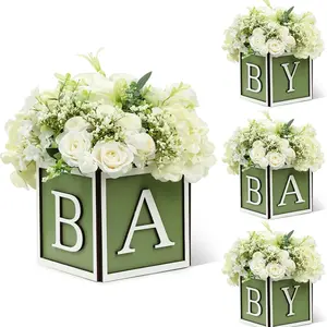 4pc green baby shower party table center decoration flower box, wooden box with the letters BABY, suitable for gender revealing parties (without flowers)