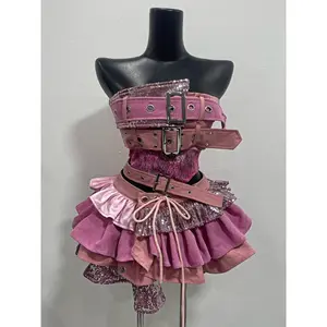 2000s Aesthetic Punk Style Women New 2 Piece Set Sexy Strapless Tops + High Waist Skirt Female Retro Chic Korean Popular Clothes