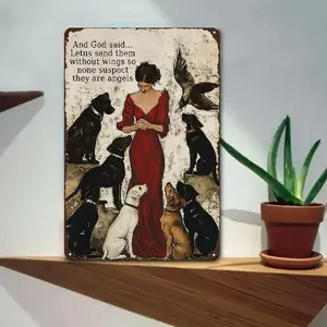 Vintage 2D Flat Metal Wall Plaque - 1pc 8x12 in Angel Motif Speciality Plaque with Angelic Woman, Cat, Dog & "God Said Let Us Send Them Without Wings" Quote, Pet Lover Gift for Cafe Decor, Angel Motif Speciality Plaques & Signs