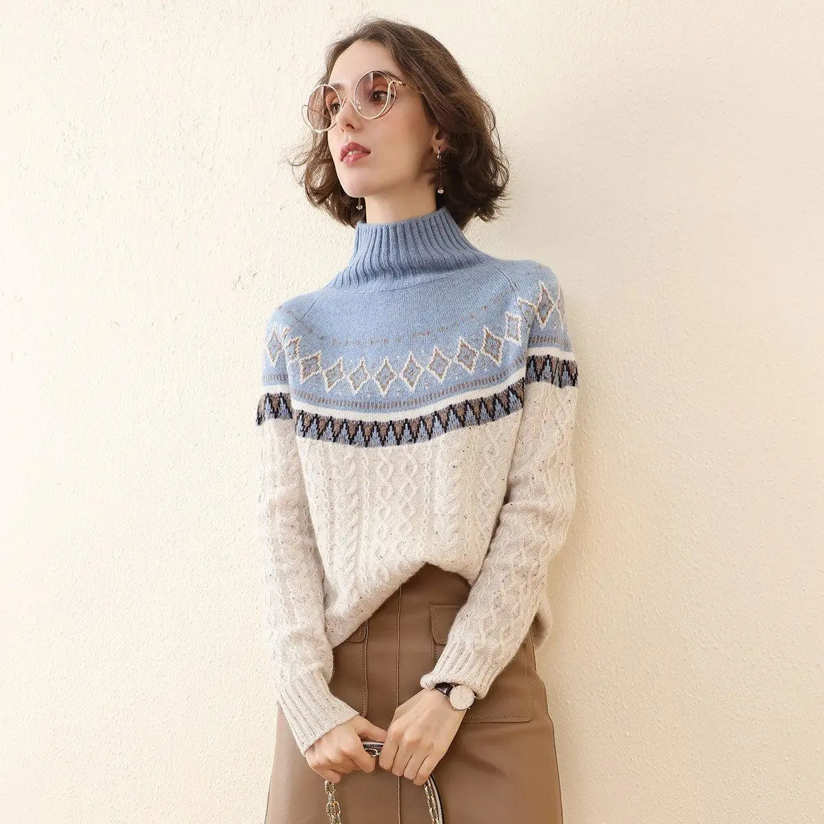 COMOBOCA Women's 100% Cashmere Fair Isle Sweater, Longsleeve Mock Neck Pullover with Cable Knitting, Longsleeves, Knitwear, Clothes