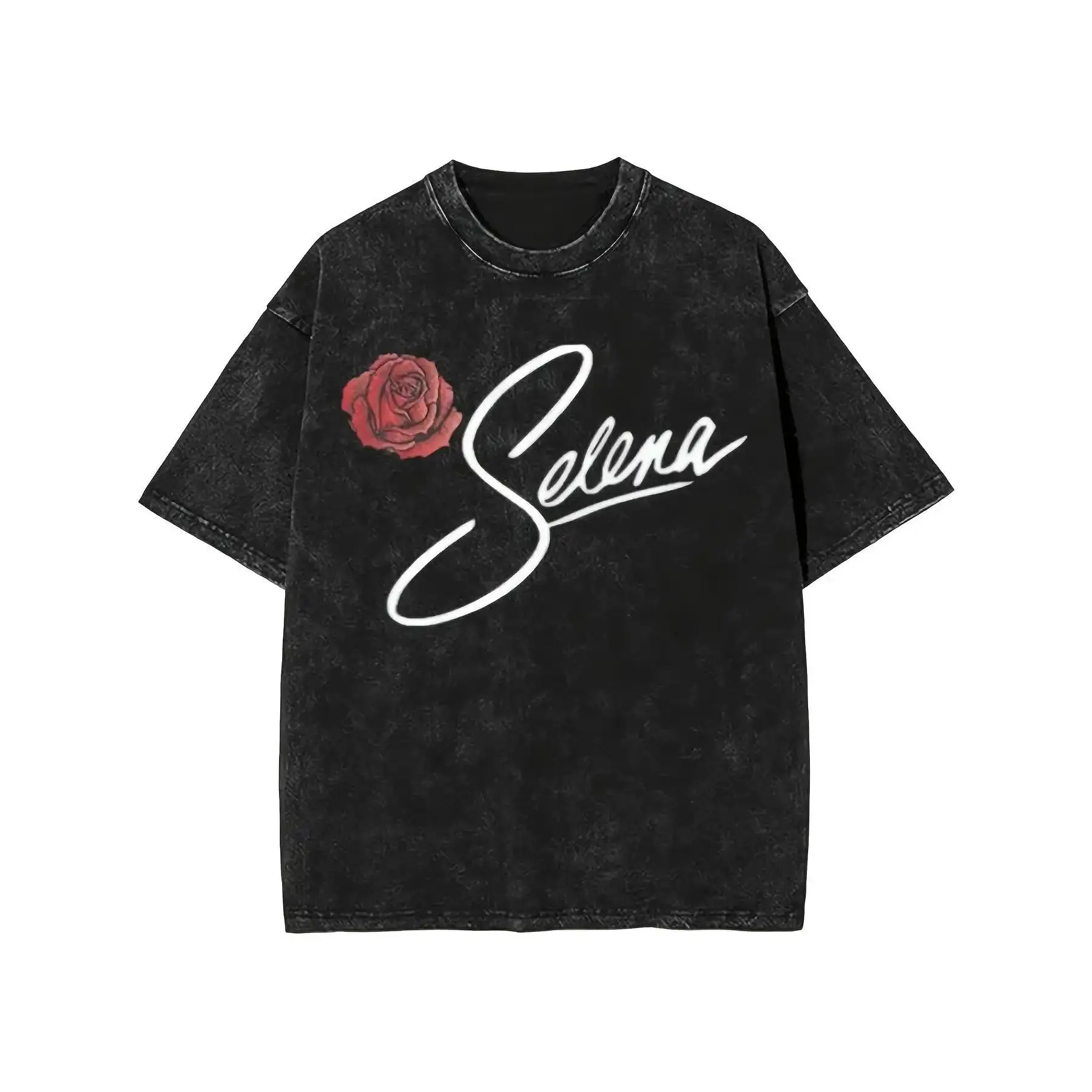 180g[100%cotton]Men's vintage 'Selena' pattern red rose design T-shirt - loose washed black casual short-sleeve top, lightweight breathable fabric comfortable all year round, machine washable daily wear, casual style T-shirt, washed black fabric