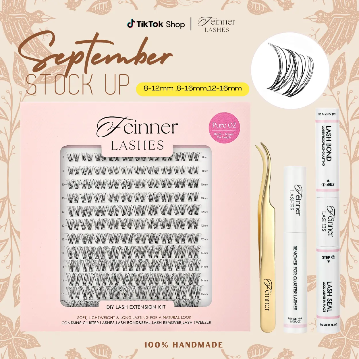 feinner DIY Cluster Lashes Kit for Adults - Invisible Soft Band, Long-Lasting Waterproof Bond, Seal Remover, Nature-Inspired D Curl Lashes for Longer Looking Eyelashes, Salon-Quality At-Home Use, Multiple Options Available