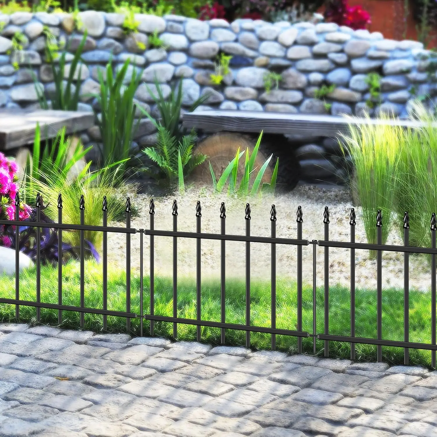 Classic Black Steel Garden Fence Panels, 5 Panels + 6 Stakes, 18 in H x 24 in W, 10 ft L, Roman Column Deco, Garden Fencing for Yard, Flower Bed, Lawn, Landscape, Outdoor