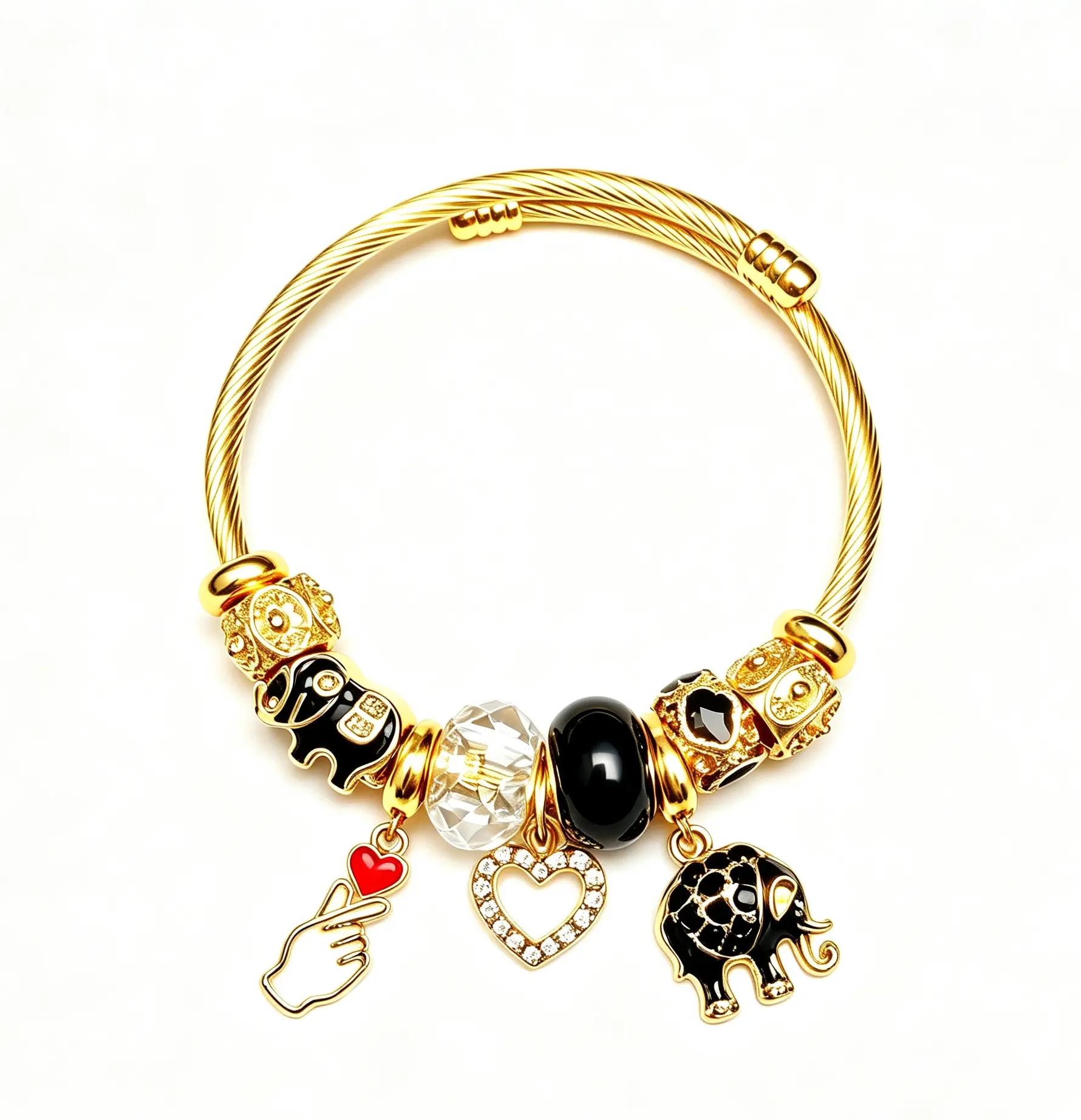 Gold-Tone Adjustable Cable Wire Charm Bangle Bracelet for Women, Elephant Heart Crystal Hand Charms Cuff Bracelet, Fashion Jewelry Gift