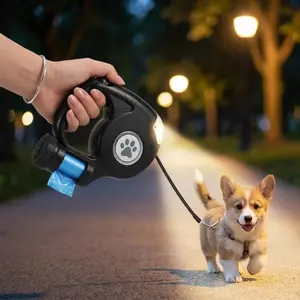 3-in-1 Retractable Dog Leash with LED Flashlight & Poop Bag Dispenser