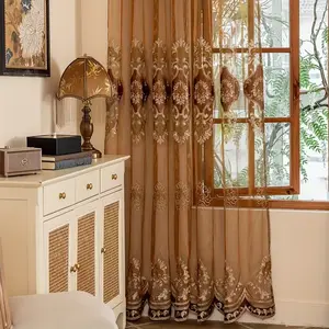 1pc Luxurious Coffee Palace Floral Embroidered Sheer Window Home Decoration Curtain, High-End Style for Living Room Bedroom Study Dining Balcony Attic Office Home Decor