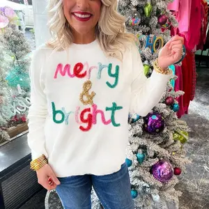 Christmas Sequin Sweatshirts for Women Merry and Bright Letters Pullovers Xmas Long Sleeve Colorful Sweatshirts Tops Hoodie Round Neck Spring Womenswear Check Embroidery Light Loose Casual Crewneck Fitted White Winter