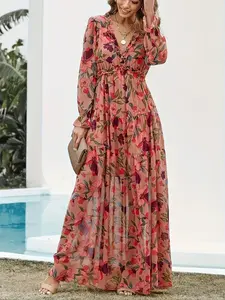 Women's Floral Print Frill Trim Flounce Sleeve Chiffon Dress, Casual Boho Fashion V Neck Longsleeves A Line Maxi Dress for Daily Holiday Vacation Wear, Ladies Dress for All Seasons, Bohemian Womenswear, Long Sleeve Dresses, V Neck Dress Bell Sleeves