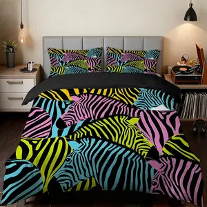 2/3 Pcs Zebra-Color Patchwork Art Ultra-High-Definition Digital Printed Quilt Cover Set(1* Quilt Cover+1/2* Pillowcase,No Inner Core),100% Polyester Fiber,Suitable For All Seasons,Machine Washable,Perfect Gift For Family
