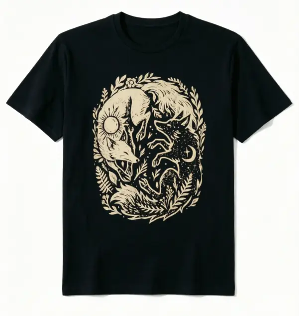 Spiritual balance vibe sun moon dual fox linocut vintage woodblock graphic tee nature yin yang forest mystical aesthetic summer 100% cotton short sleeve adhesive print unisex black top