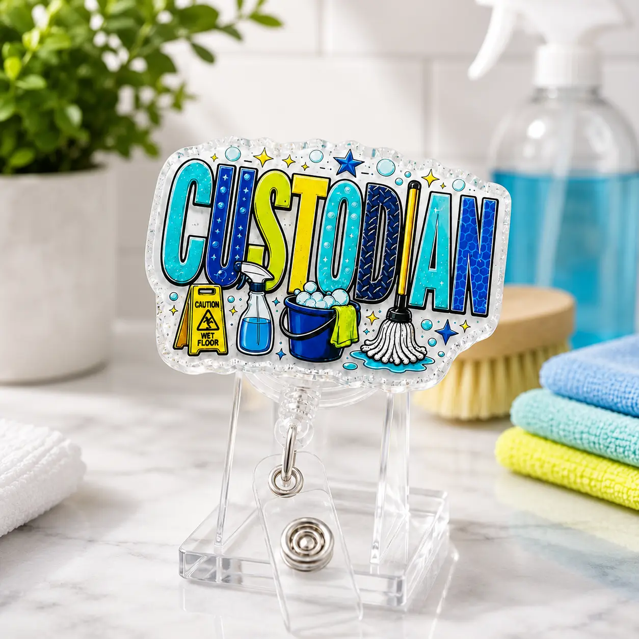 Custodian Badge Reel Retractable ID Badge Holder with Colorful Cleaning Design for Janitors Housekeepers EVS Workers and Maintenance Staff