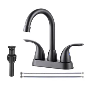 WOWOW 4 in. Centerset Double Handle High Arc Bathroom Faucet with Drain Kit Included and 360° Swivel Spout in Matte Black