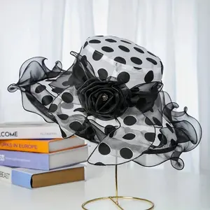 LocalWomen Organza Church Hats Dots Print Large Flower Church Hats Outdoor Lightweight Sun Hats