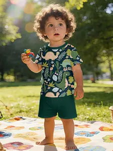 Energetic Jungle Party Multi-form Dinosaur + Tropical Plant Printed Infant Short Sleeve Set, Baby Casual Kids' Clothing, T-shirt Suitable for Daily and Outdoor Sports, 100% Polyester, Perfect Gift for Infants!