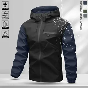 Men's hooded drawstring softshell windbreaker jacket, outdoor sports casual jacket, front large pocket, zipper side pockets, patchwork design, suitable for daily wear, versatile and popular, suitable for all seasons