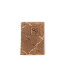 Ariat Men’s Leather Trifold Wallet - Genuine Crazy Horse Leather, Cross Stitch Design, Cash Compartment, Embossed Patch, Multi-Slots, Men's Wallet Leather