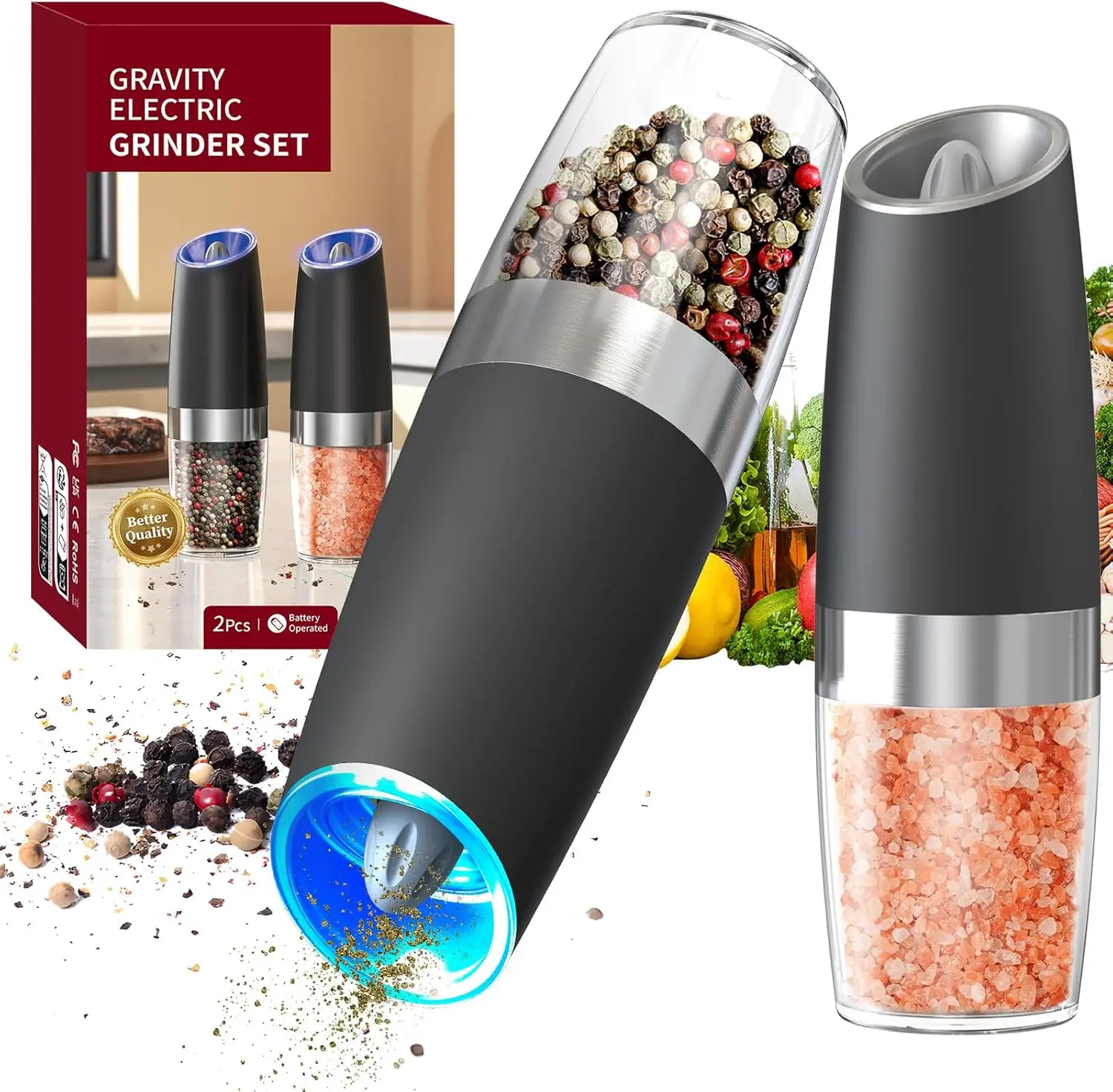 “CIRCLE JOY Electric Salt & Pepper Grinder Set | Automatic Gravity Mills with LED Light, Adjustable Coarseness & Large Capacity | Battery Operated Kitchen & BBQ Tools”