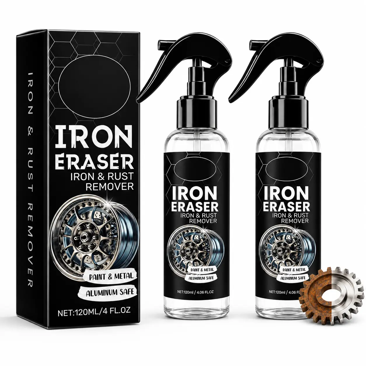 2Pcs Iron Eraser Rust Remover Spray, Iron Eraser Iron and Rust Remover for Car Wheels and Paint, Fast Acting Rust and Brake Dust Remover, Professional Automotive Surface Cleaning