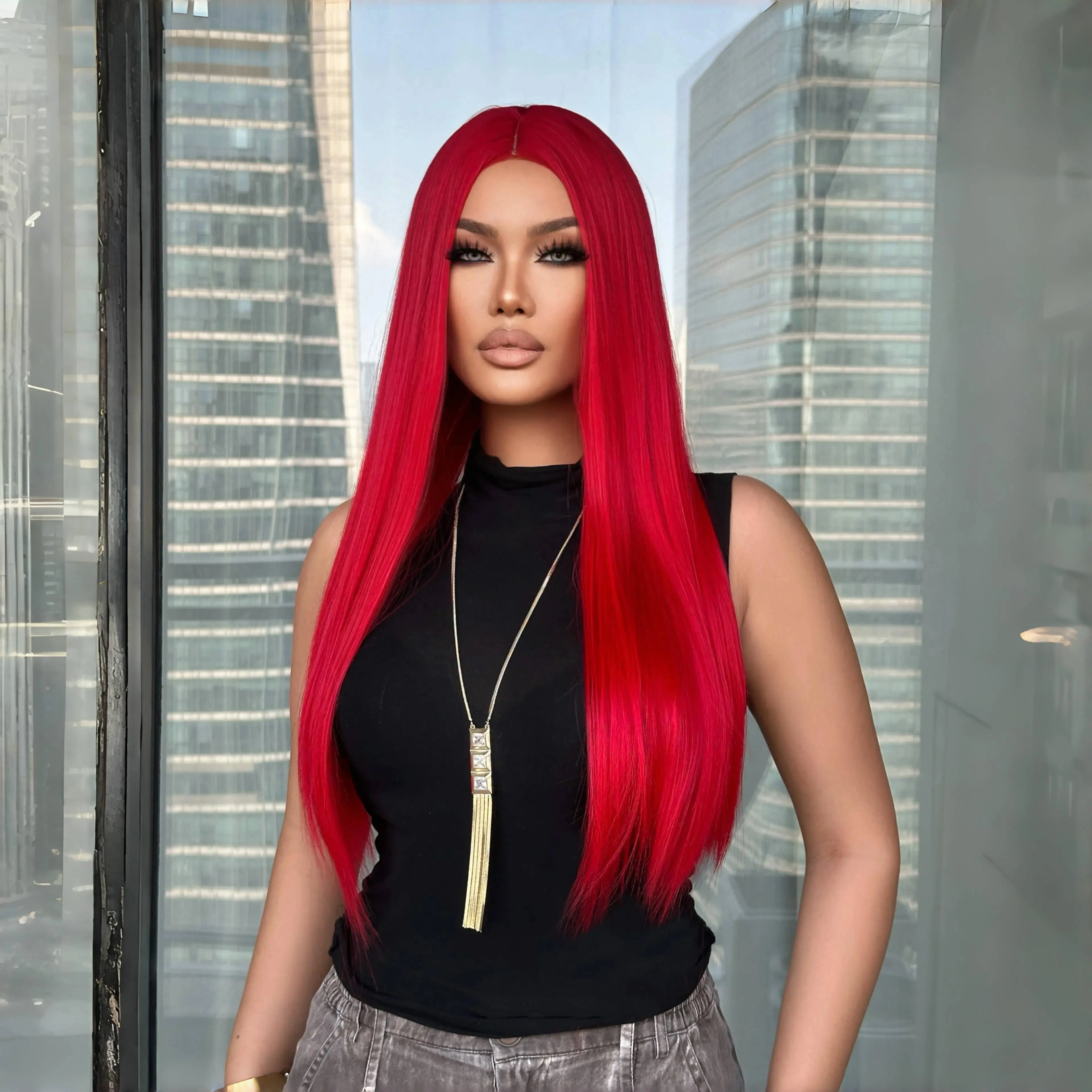 Red Wigs 30 Inch Long Straight Wigs Middle Part Machine Made Synthetic Wig Silk Straight Wigs For Women Daily Party Use Music Festival