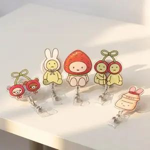 Kawaii Strawberry and Bunny Badge Reel Set Decorative Retractable Name Tag Clip for Healthcare Workers Aesthetic Medical Accessories