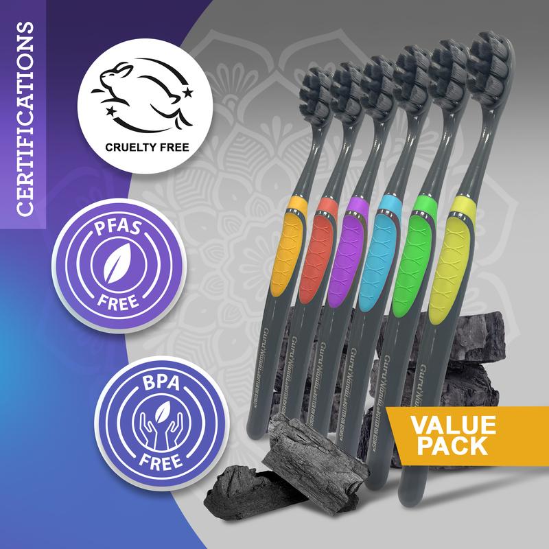 GuruNanda Butter On Gums Charcoal Toothbrush - Extra Soft Bristles - 6 Pack Oral Smooth Gentle Sensitive