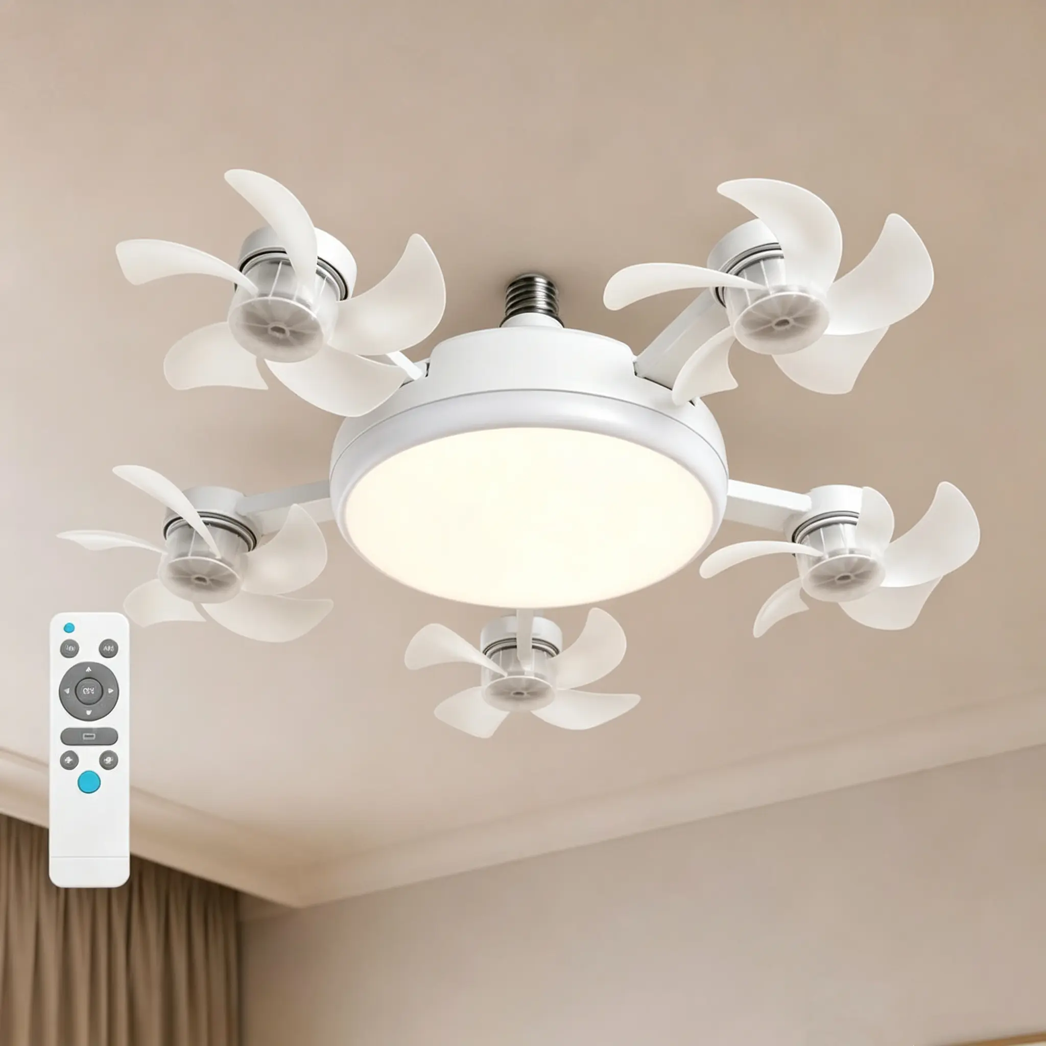 5 Blades Socket Ceiling Fan Light with Remote Control, E27 Base Screw in Fan Lamp, Dimmable LED Ceiling Fan with Light for Bedroom Kitchen Living Room Small Space