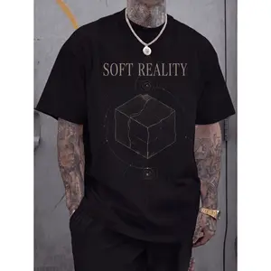 Soft Reality Geometric Cube Graphic Tee Vintage Gold Line Art Printed Tee Mystical Cube Sketch Abstract Circles Unisex Top Casual Wear Streetwear Style Modern Aesthetic Tee Summer Shirt Soft Fabric Breathable Cotton Blend Oversized Fit