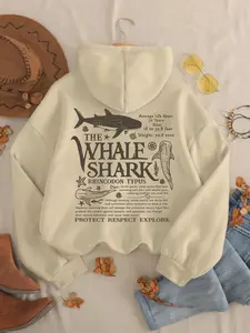 Women's Whale Shark Print, Casual Long Sleeve Hooded Sweatshirt for Fall & Winter, Women's Clothes for Daily Wear, Tops, Graphic Hoodie, Aesthetic Hoodie