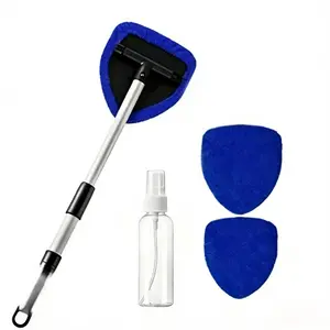 Car Windshield Cleaning Tool with Extendable Long Handle, 2 Washable Reusable Ultra-Fine Fiber Pads, Glass Cleaner Kit for Home & Office Car Interior/Exterior Glass Wiper (Blue)