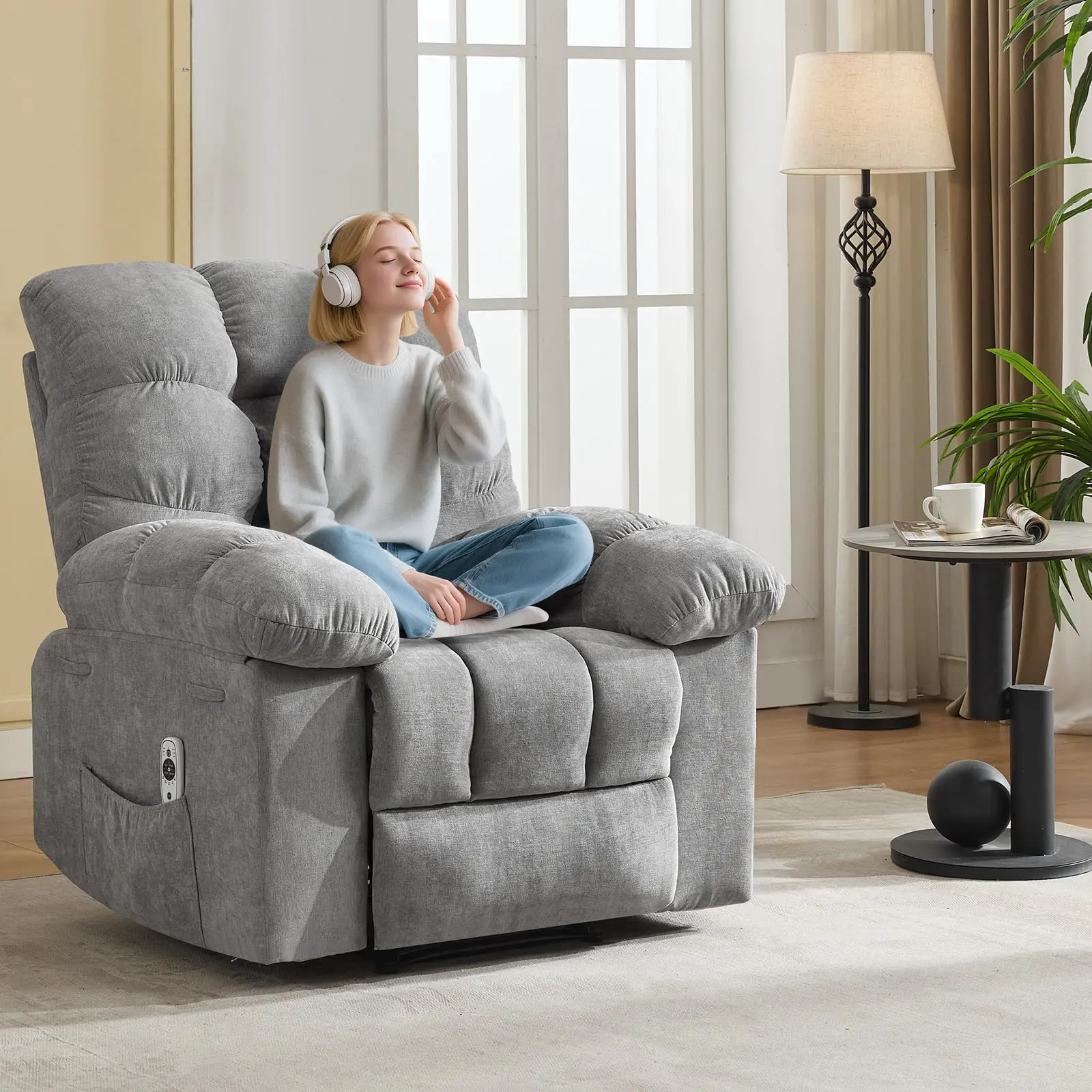Grey Oversized Ergonomic Heated Massage Recliner Chair - Overstuffed Look, Breathable Fabric, Steel Frame, Iron Reinforcement, High Resilience, 2 Side Pockets, Remote Control, Easy Setup, Living Room Relaxation Furniture for Nap, Afternoon Read