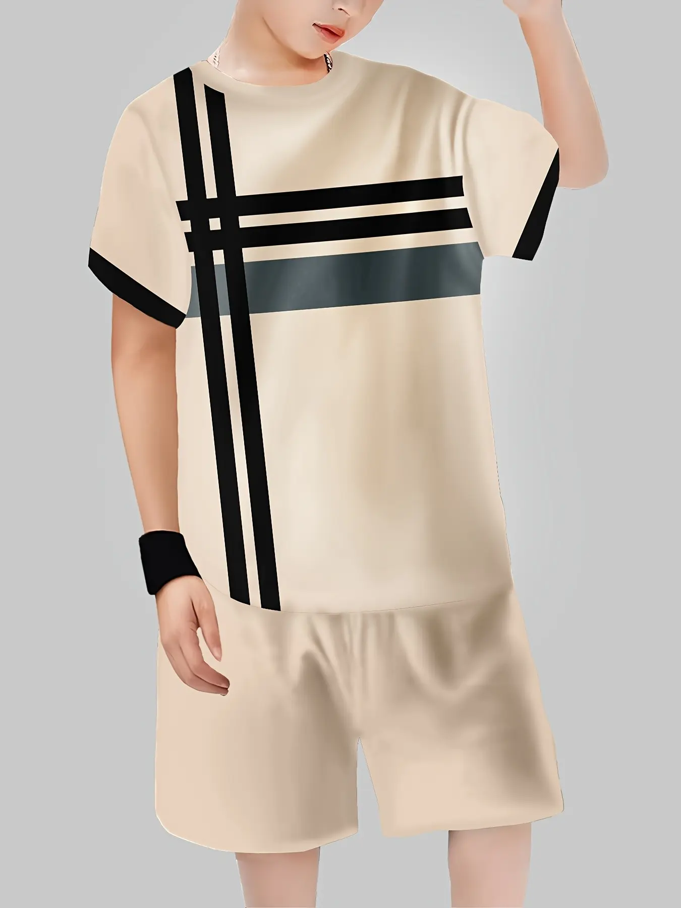 Boys' Striped Casual Summer Set, Short Sleeve Hoodie & Track Shorts, Fitted All over Print, Outdoor Sports Wear, 2 Piece Set