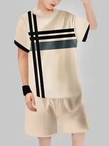 Boys' Striped Casual Summer Set, Short Sleeve Hoodie & Track Shorts, Fitted All over Print, Outdoor Sports Wear, 2 Piece Set