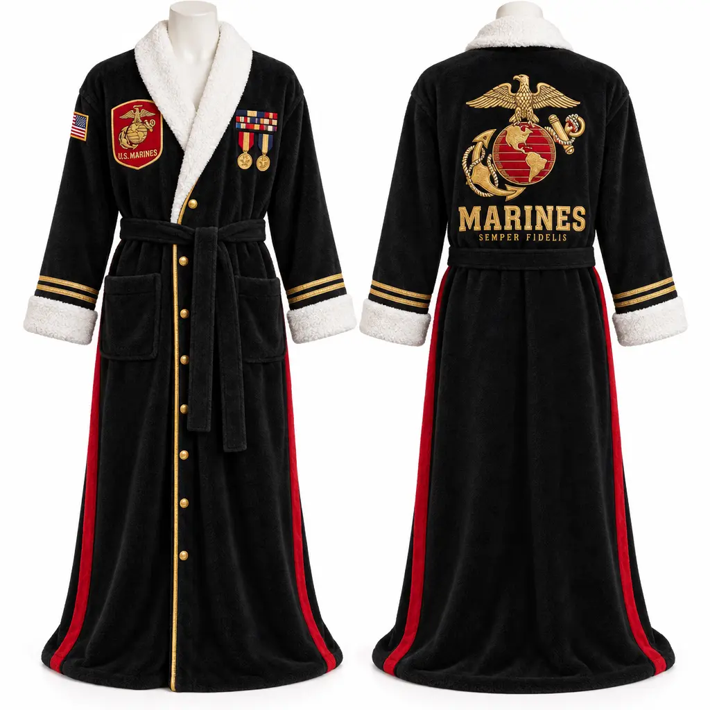 Military Branch Veteran Hooded Bathrobe, Plush Fleece Armed Forces Sleepwear, Soft Spa Robe With Belt, Patriotic Loungewear Apparel
