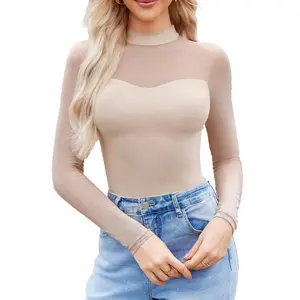 Women’s double-line slim-fit jumpsuit — stand collar, sheer mesh long-sleeve top, designed for a sleek silhouette GARMENTARY